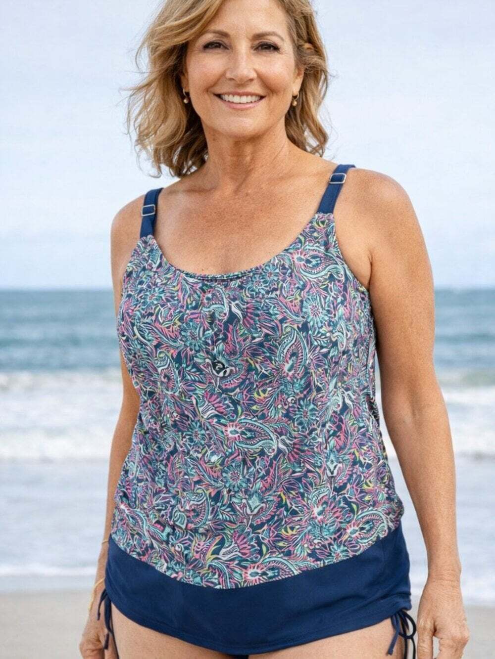 Caribbean Joe Tankini Swim Top Navy Paisley Floral Adjustable Straps 22W